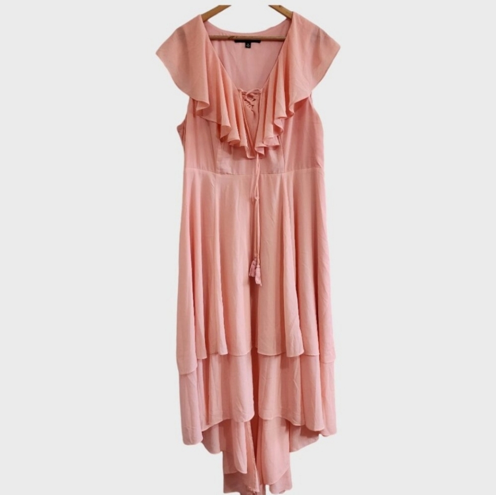 torrid | Apricot Lace Up High Low Ruffle Tier Layered Midi Dress - Picture 3 of 16